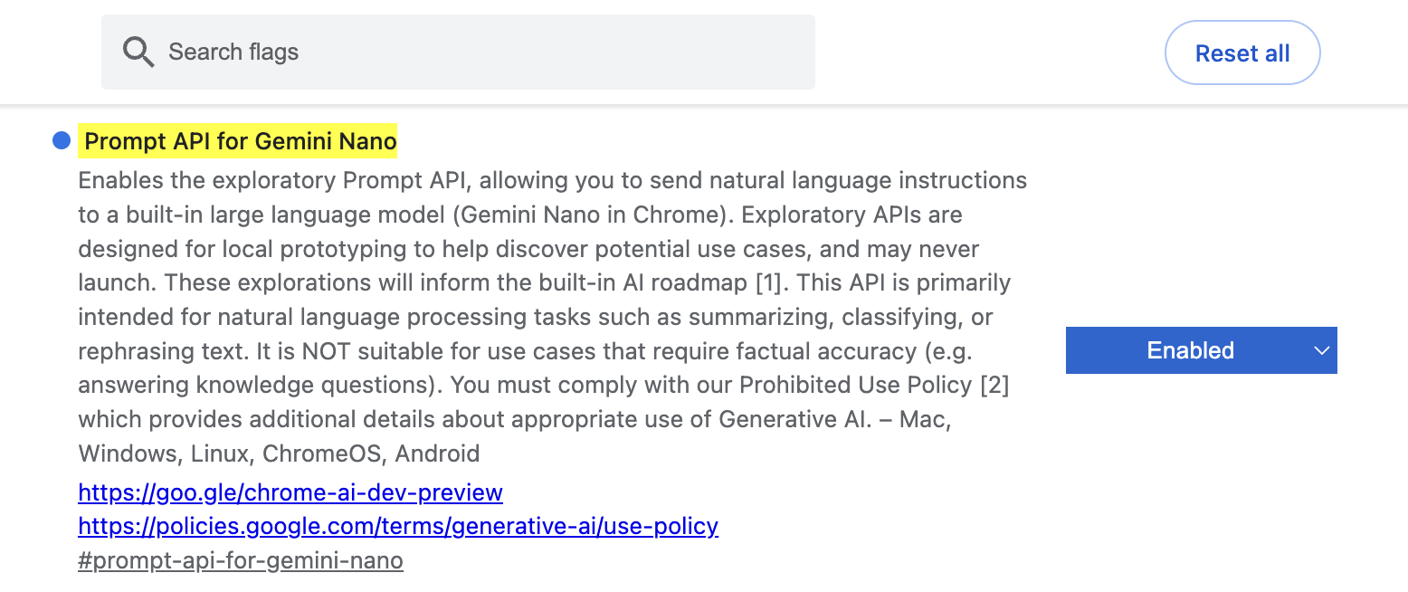 Chrome flags > prompt-api-for-gemini-nano